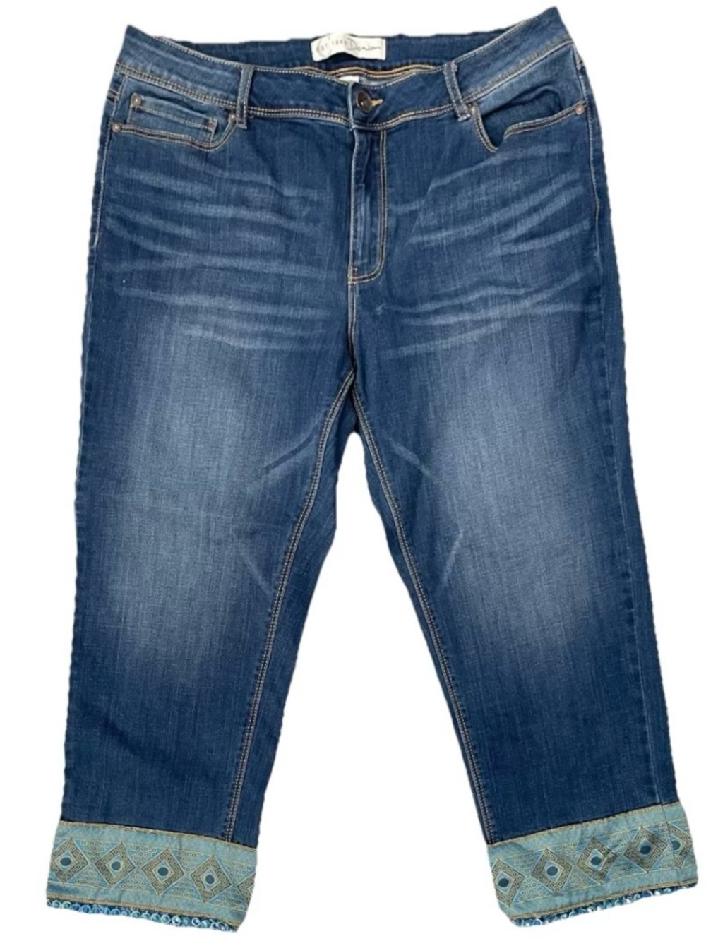 Est. 1948 Denim Women’s Cropped Jeans Blue Medium Wash Embroidered Beaded Hem